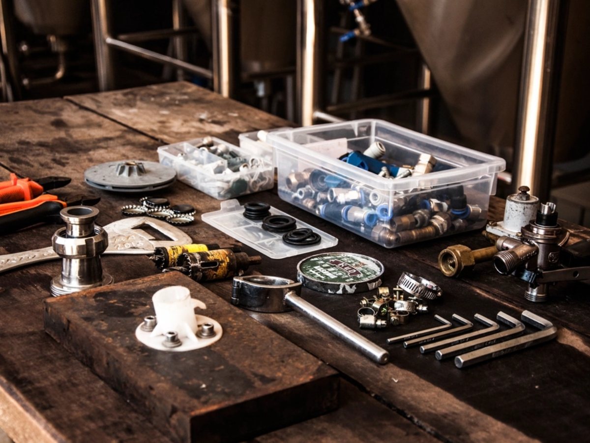 Plumbing fittings and parts laid out on a bench (illustrative stock photograph)