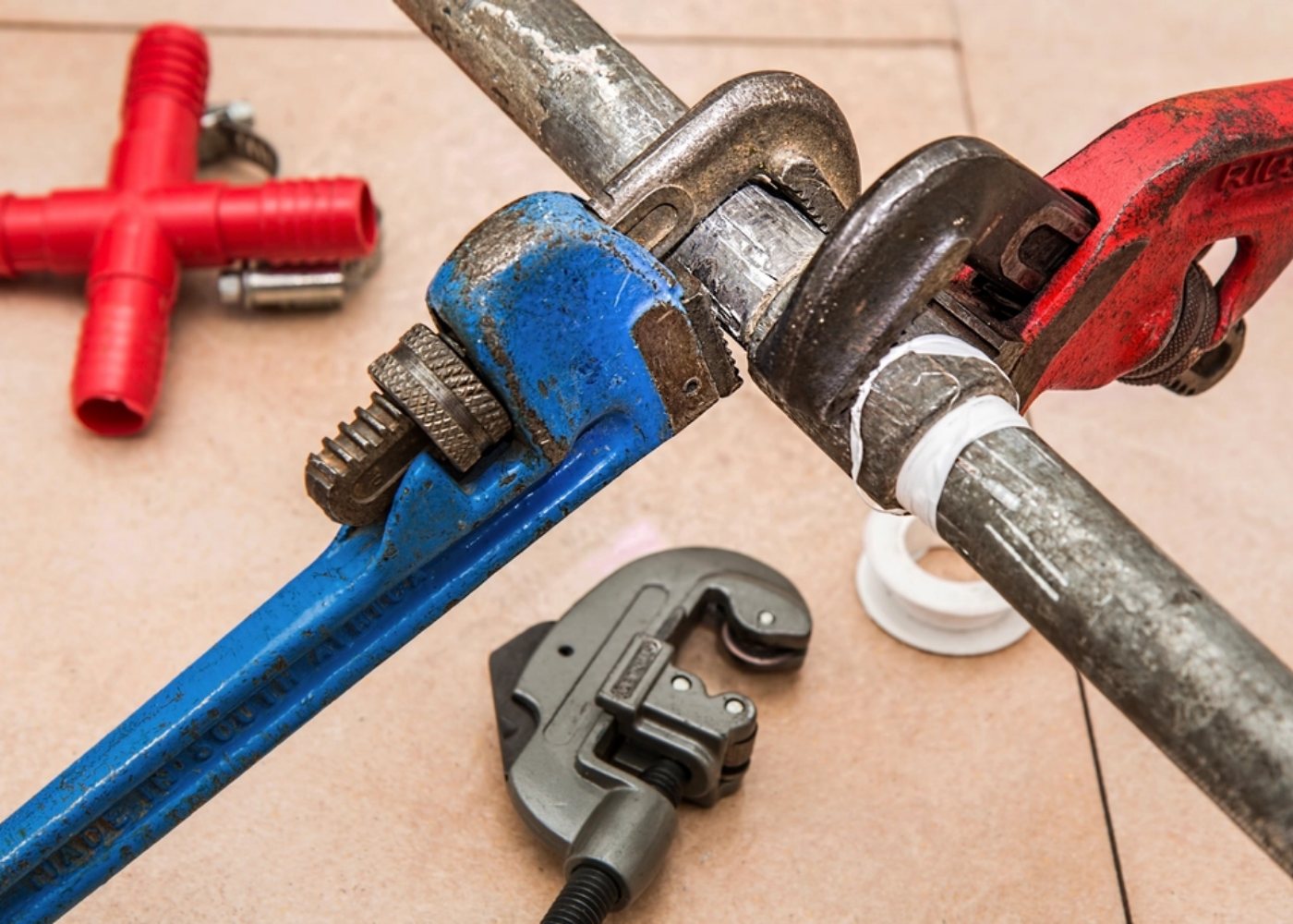 Pipe wrench and cutting tools on a pipe (illustrative stock photograph)